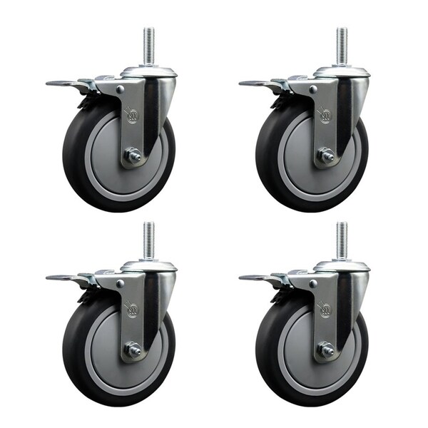 5 Inch Thermoplastic  Rubber Swivel 58 Inch Threaded Stem Caster Set with Total Lock Brake